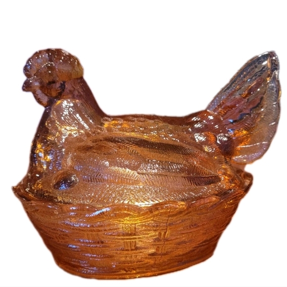 Source Unknown Other - Hen On A Nest Amber Orange Glass Candy Dish 6 Inch Vintage Collectible